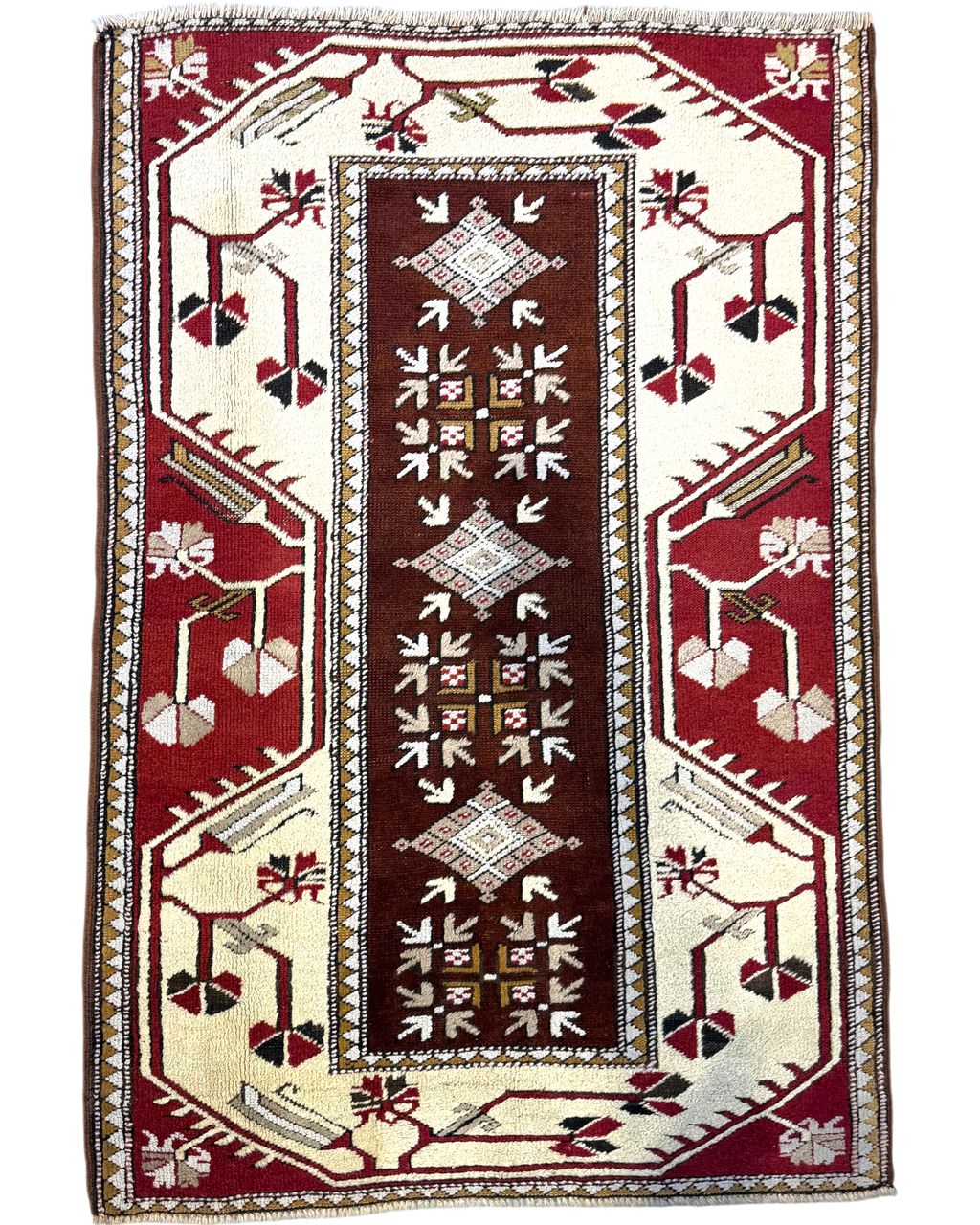 Tappeto turco 132x90 cm rosso avorio con disegno geometrico