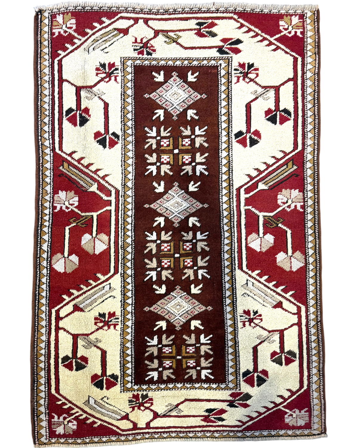Tappeto turco 132x90 cm rosso avorio con disegno geometrico