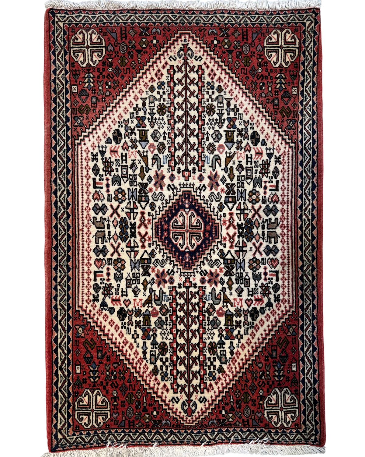 Abadeh 103x66 cm - scendiletto persiano annodato a mano con motivi geometrici rossi e avorio