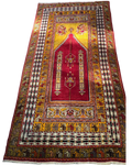Tappeto Anatolia antico usato 240x141 cm annodato a mano con disegno a preghiera rosso e giallo