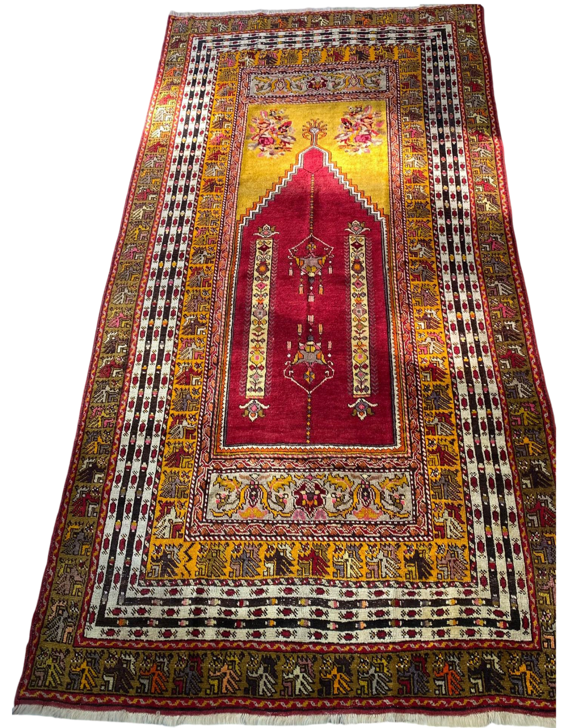 Tappeto Anatolia antico usato 240x141 cm annodato a mano con disegno a preghiera rosso e giallo