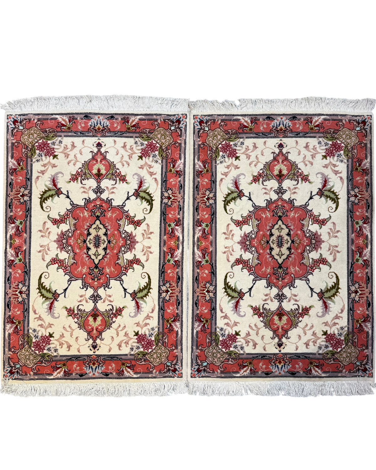 Coppia di scendiletto Tabriz 60 Raj misto seta 88x60 cm con medaglione rosa su fondo avorio