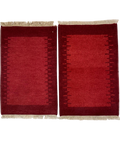 Coppia di tappeti persiani Gabbeh usati 90x60 cm nei toni del rosso con disegno geometrico minimalista