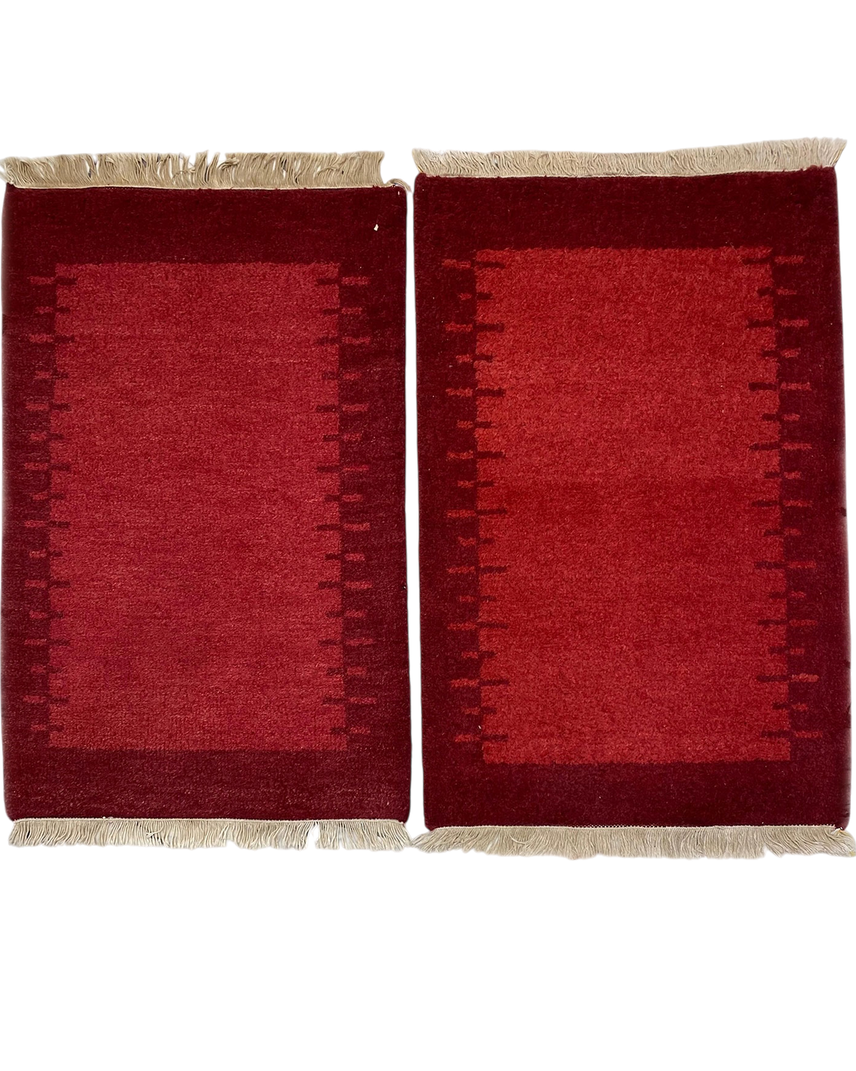 Coppia di tappeti persiani Gabbeh usati 90x60 cm nei toni del rosso con disegno geometrico minimalista