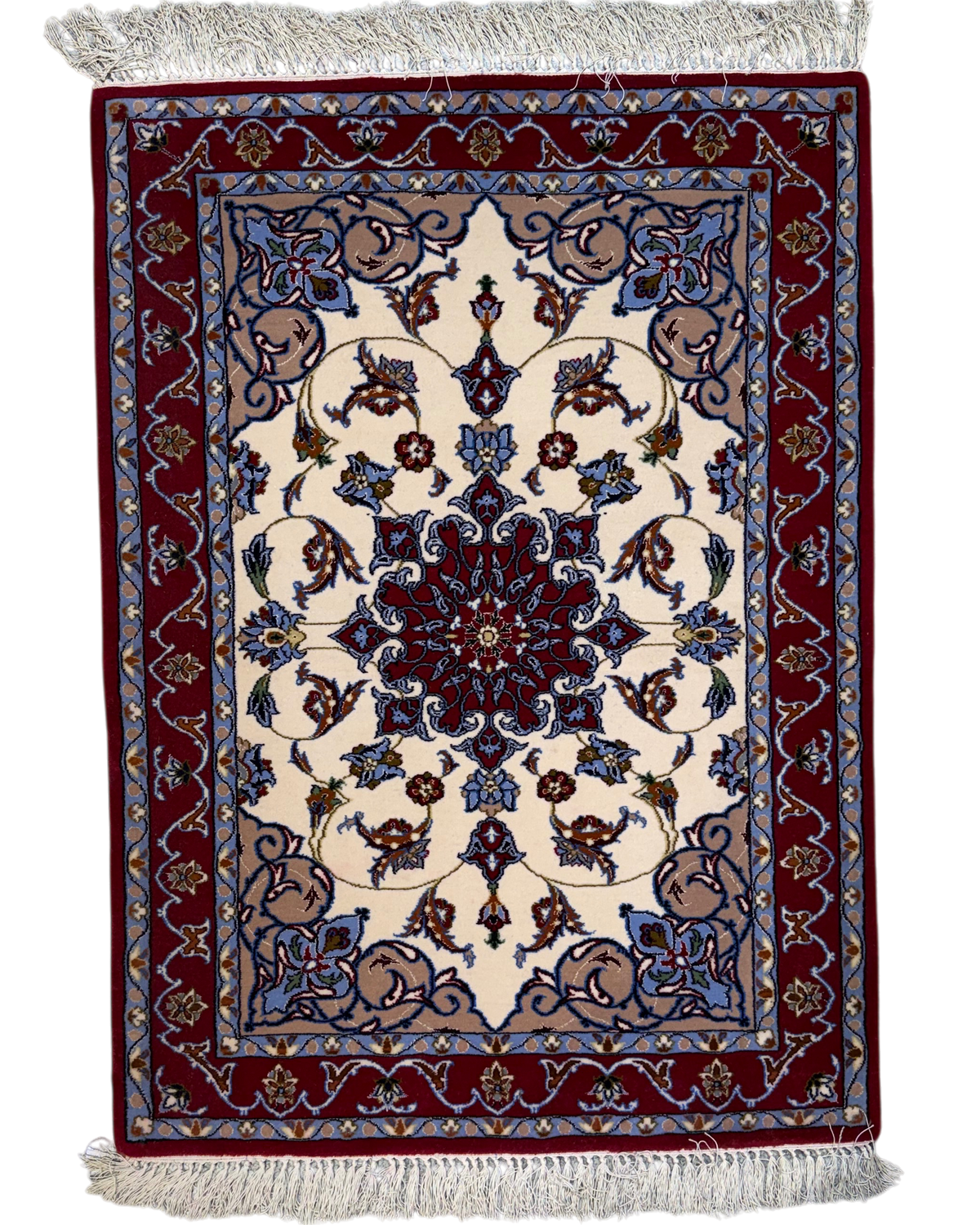Esfahan misto seta 100x73 cm, scendiletto con medaglione rosso e motivi floreali su fondo avorio