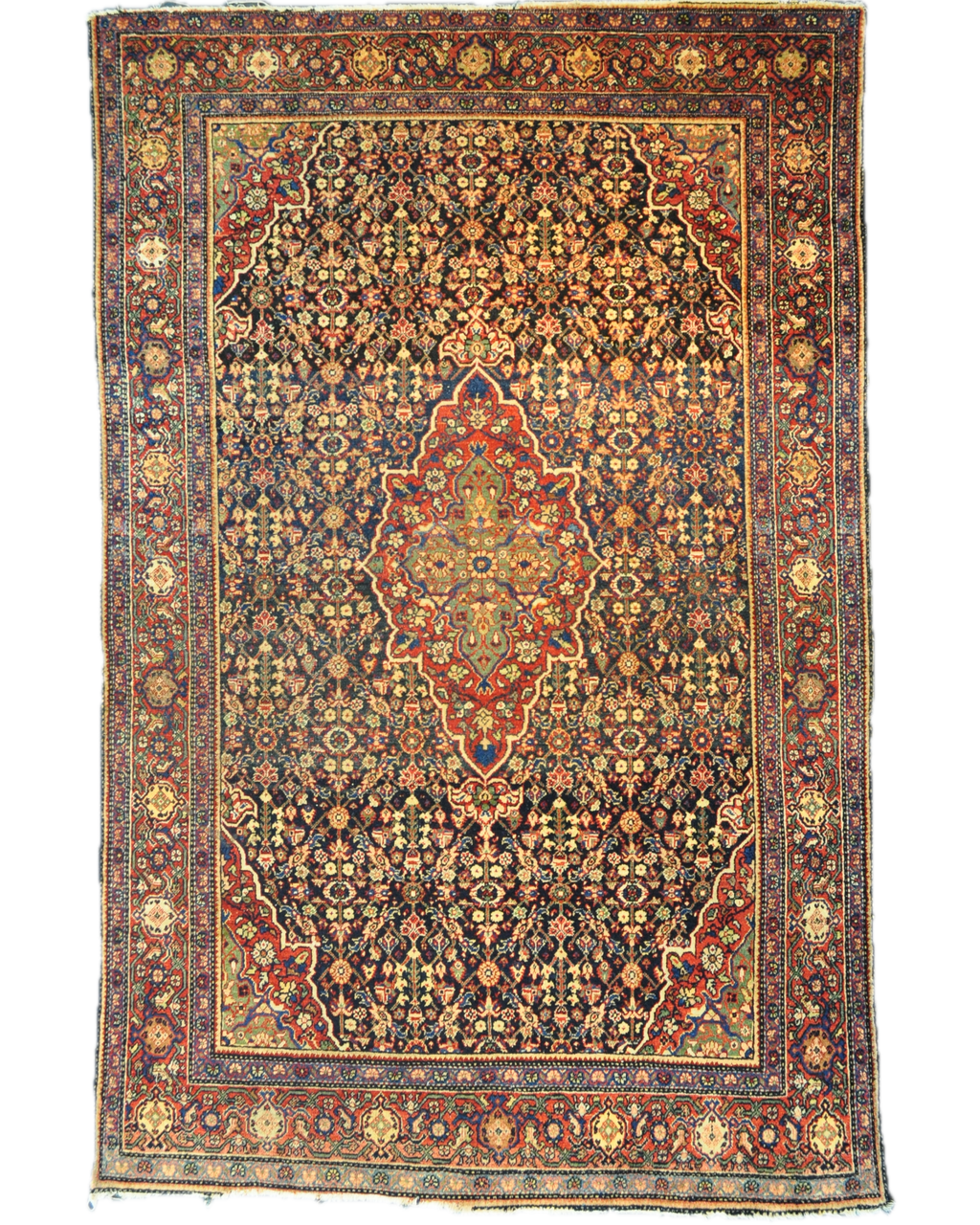 Tappeto Farahan antico persiano annodato a mano con medaglione centrale e ricchi motivi floreali su fondo blu notte, misura 203x130 cm