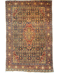 Tappeto Farahan antico persiano annodato a mano con medaglione centrale e ricchi motivi floreali su fondo blu notte, misura 203x130 cm