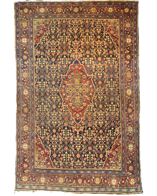 Tappeto Farahan antico persiano annodato a mano con medaglione centrale e ricchi motivi floreali su fondo blu notte, misura 203x130 cm