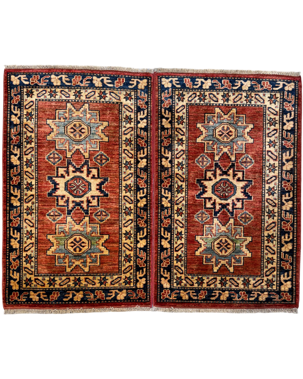 Kazak 100x63 cm, coppia di scendiletto con medaglioni geometrici su fondo rosso mattone