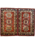 Kazak 100x63 cm, coppia di scendiletto con medaglioni geometrici su fondo rosso mattone