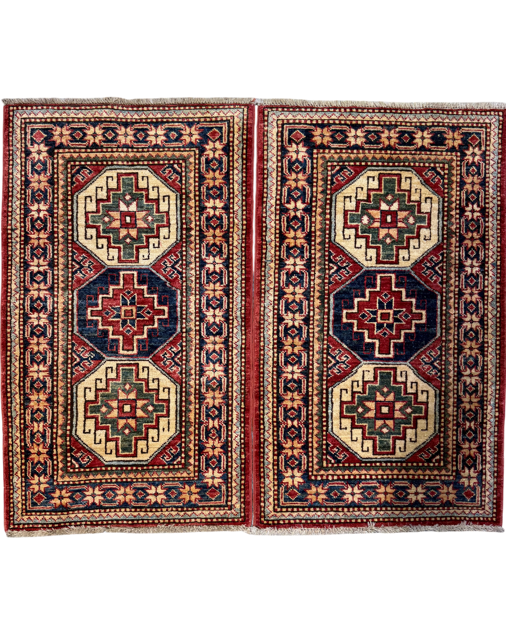 Kazak 96x57 cm - coppia di scendiletto annodati a mano con medaglioni geometrici