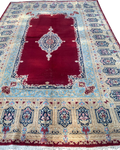 Tappeto persiano Kerman Imperiale usato 384x250 cm rosso con medaglione e decorazione floreale