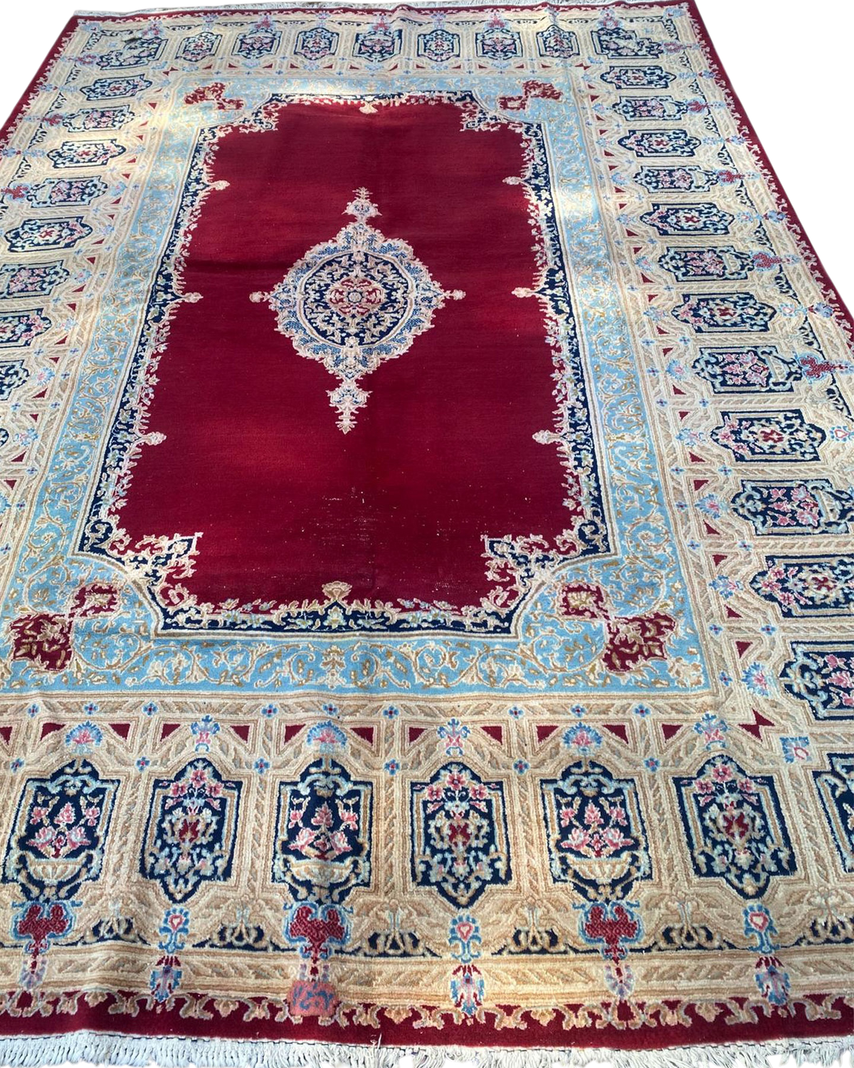 Tappeto persiano Kerman Imperiale usato 384x250 cm rosso con medaglione e decorazione floreale