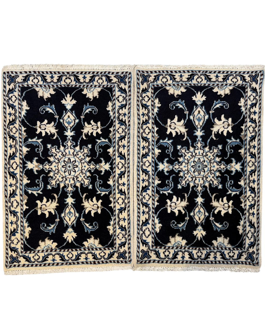Nain 85x55 cm, coppia di scendiletto blu scuro e avorio con motivi floreali