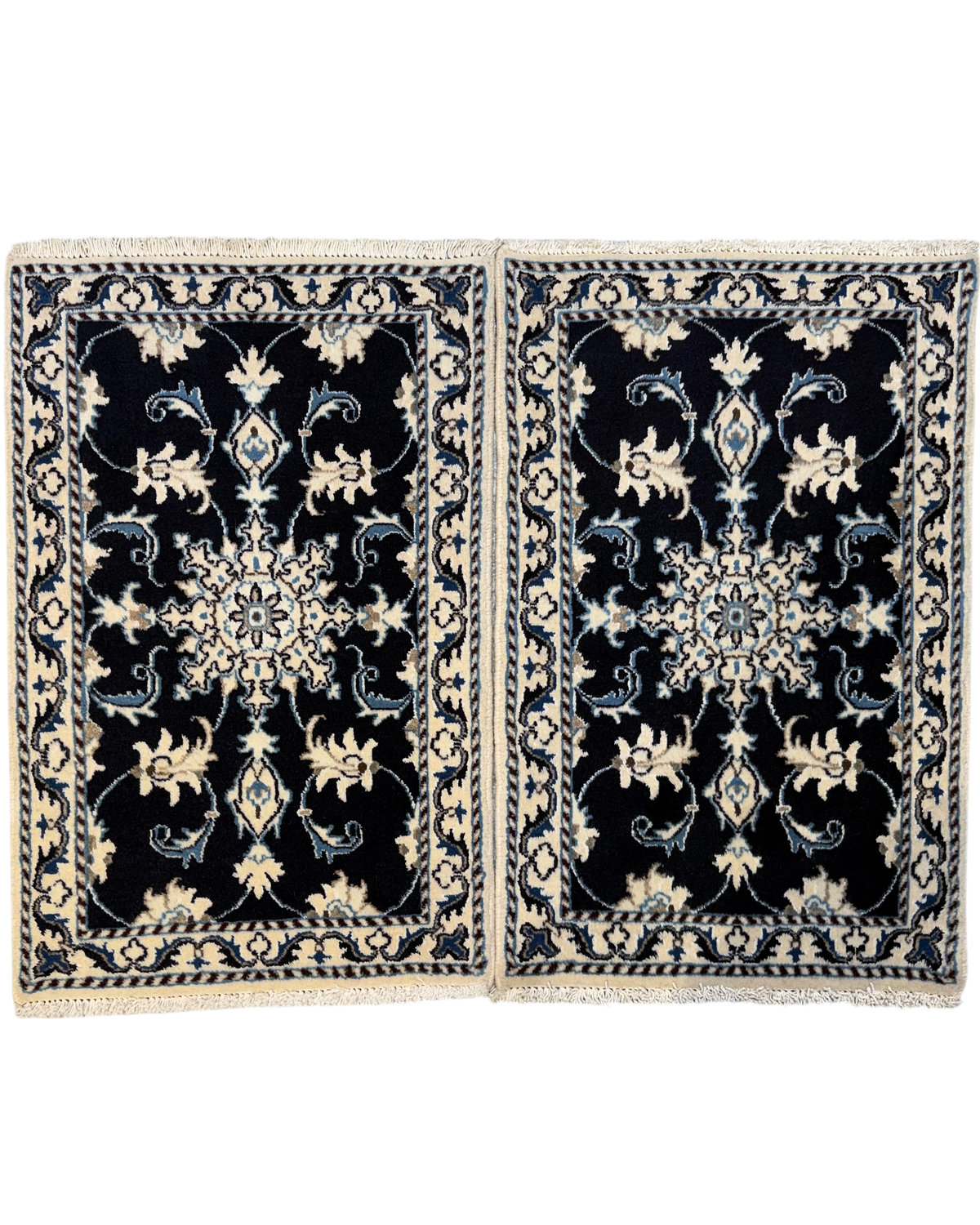 Nain 85x55 cm, coppia di scendiletto blu scuro e avorio con motivi floreali