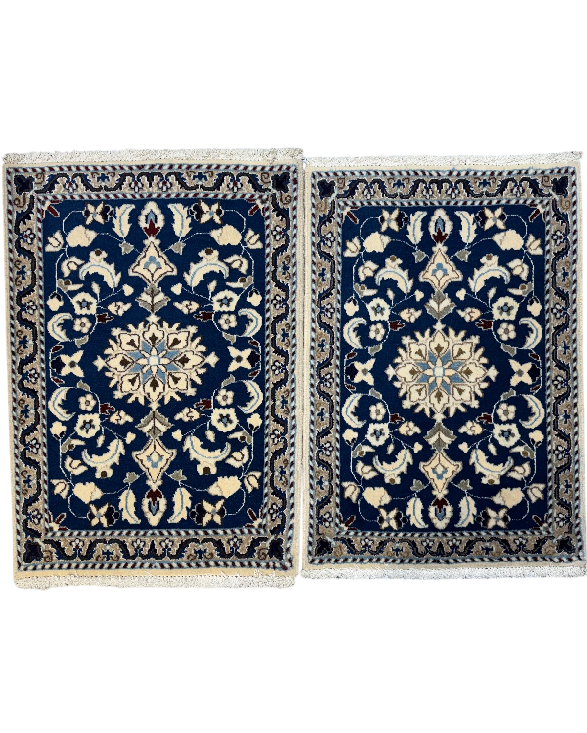 Nain 88x60 cm, coppia di scendiletto blu con medaglione centrale e motivi floreali avorio e azzurri