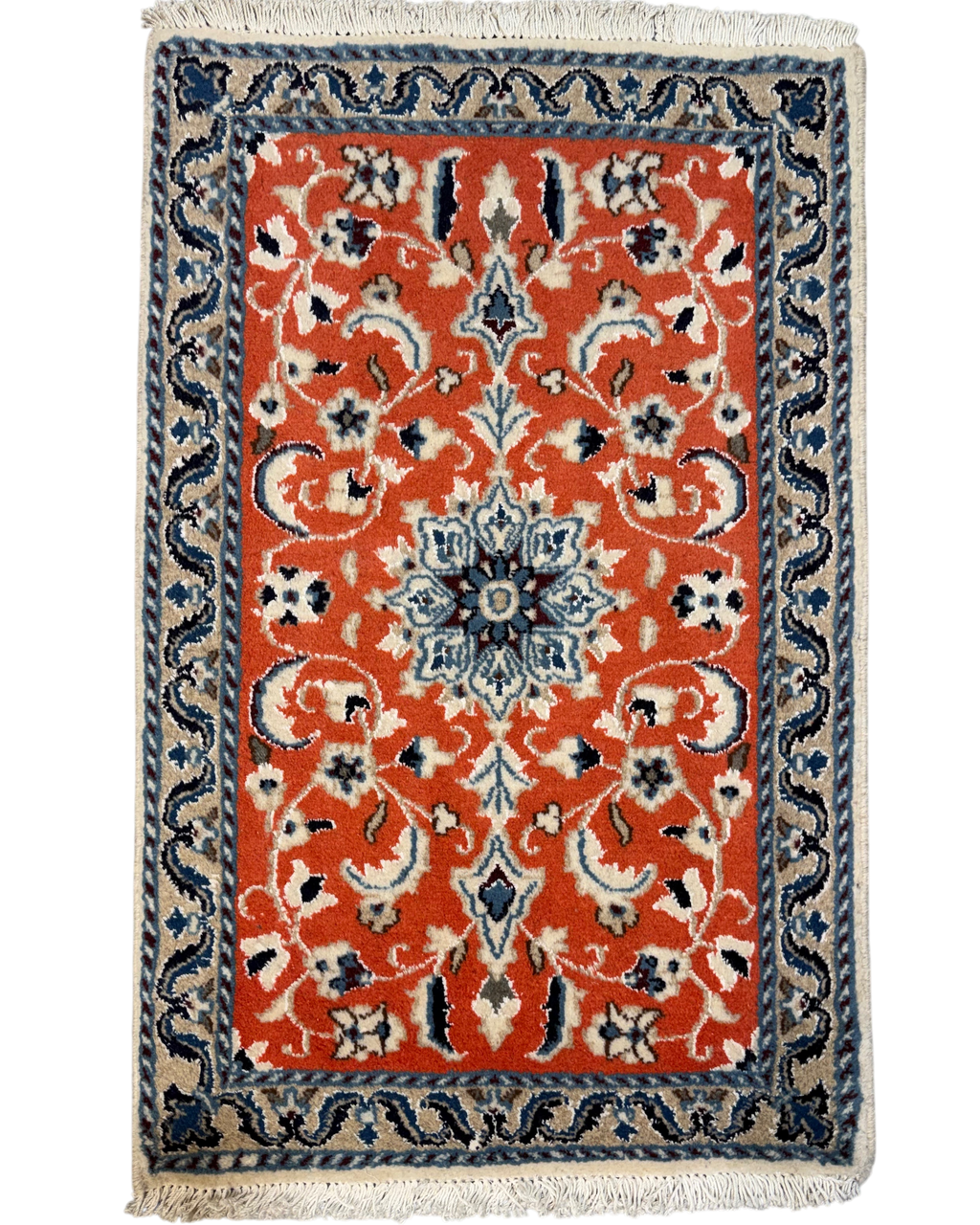 Tappeto persiano Nain 93x59 cm corallo con motivi floreali blu e avorio