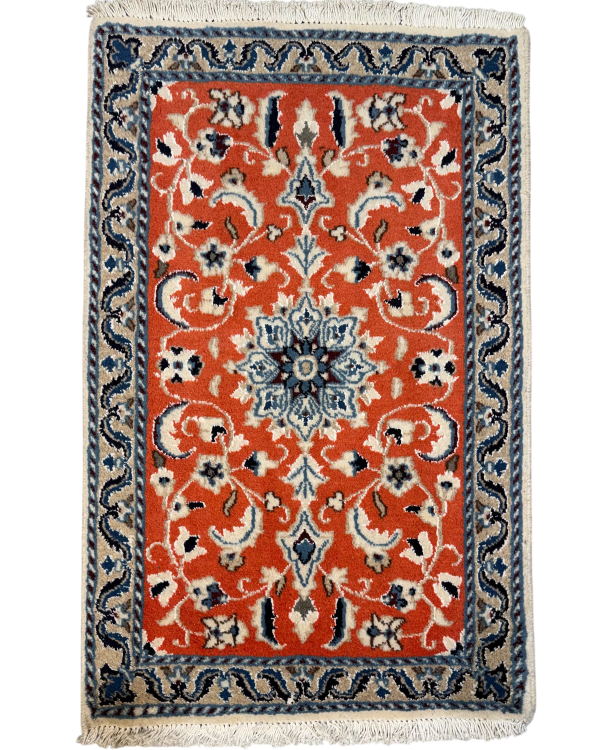 Tappeto persiano Nain 93x59 cm corallo con motivi floreali blu e avorio