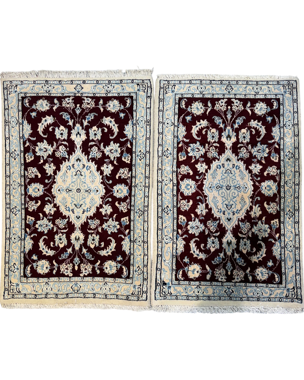 Coppia di scendiletto persiani Nain misto seta 90x58 cm bordeaux e avorio
