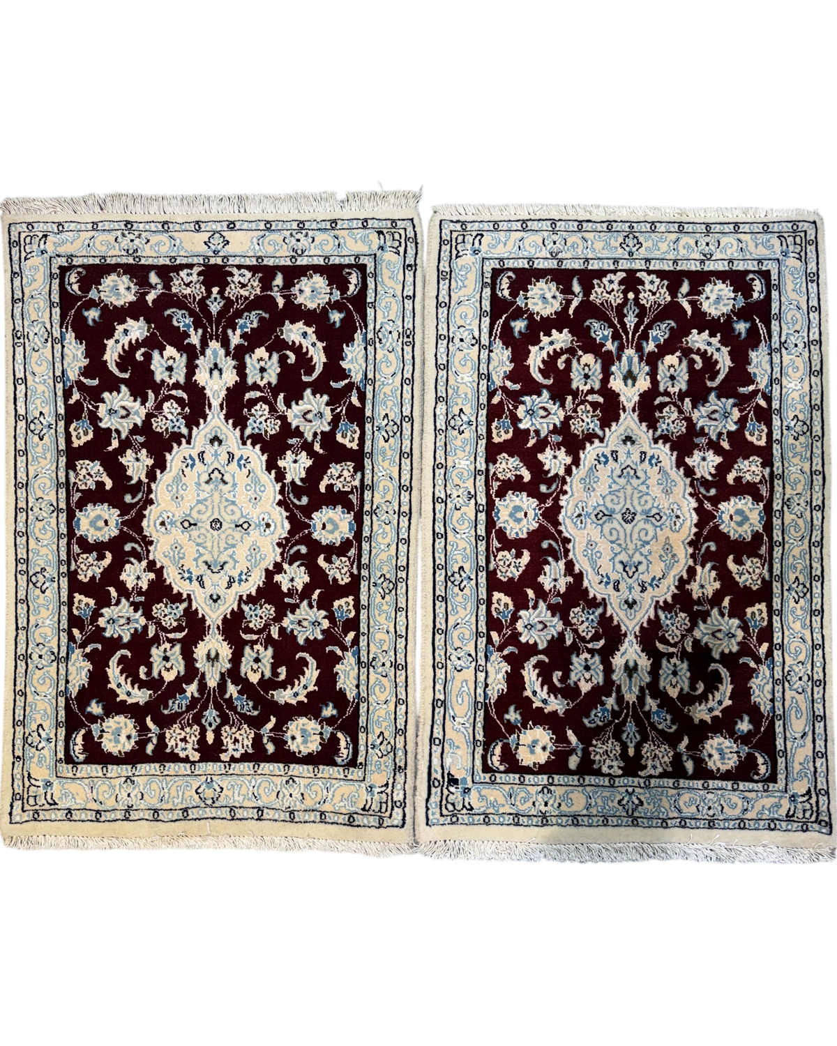 Coppia di scendiletto persiani Nain misto seta 90x58 cm bordeaux e avorio