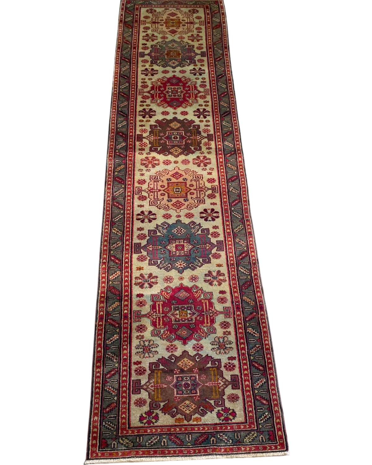 Passatoia azera usata 306x80 cm con medaglioni geometrici policromi su fondo avorio
