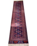 Passatoia Bukhara Russo usata 305x74 cm blu con motivi geometrici rossi e avorio
