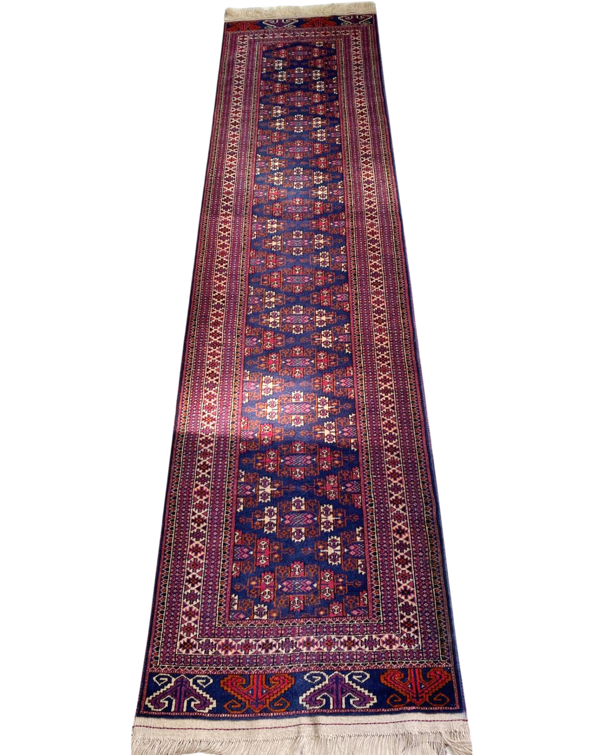 Passatoia Bukhara Russo usata 305x74 cm blu con motivi geometrici rossi e avorio