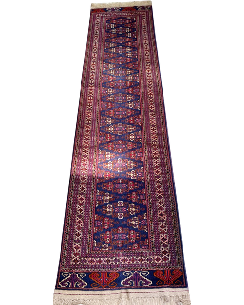Passatoia Bukhara Russo usata 305x74 cm blu con motivi geometrici rossi e avorio