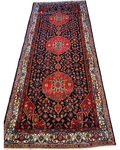 Passatoia Hosseinabad persiana usata 350x160 cm con tre medaglioni geometrici su fondo scuro