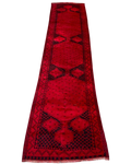 Passatoia orientale usata 420x103 cm con motivi geometrici su fondo rosso