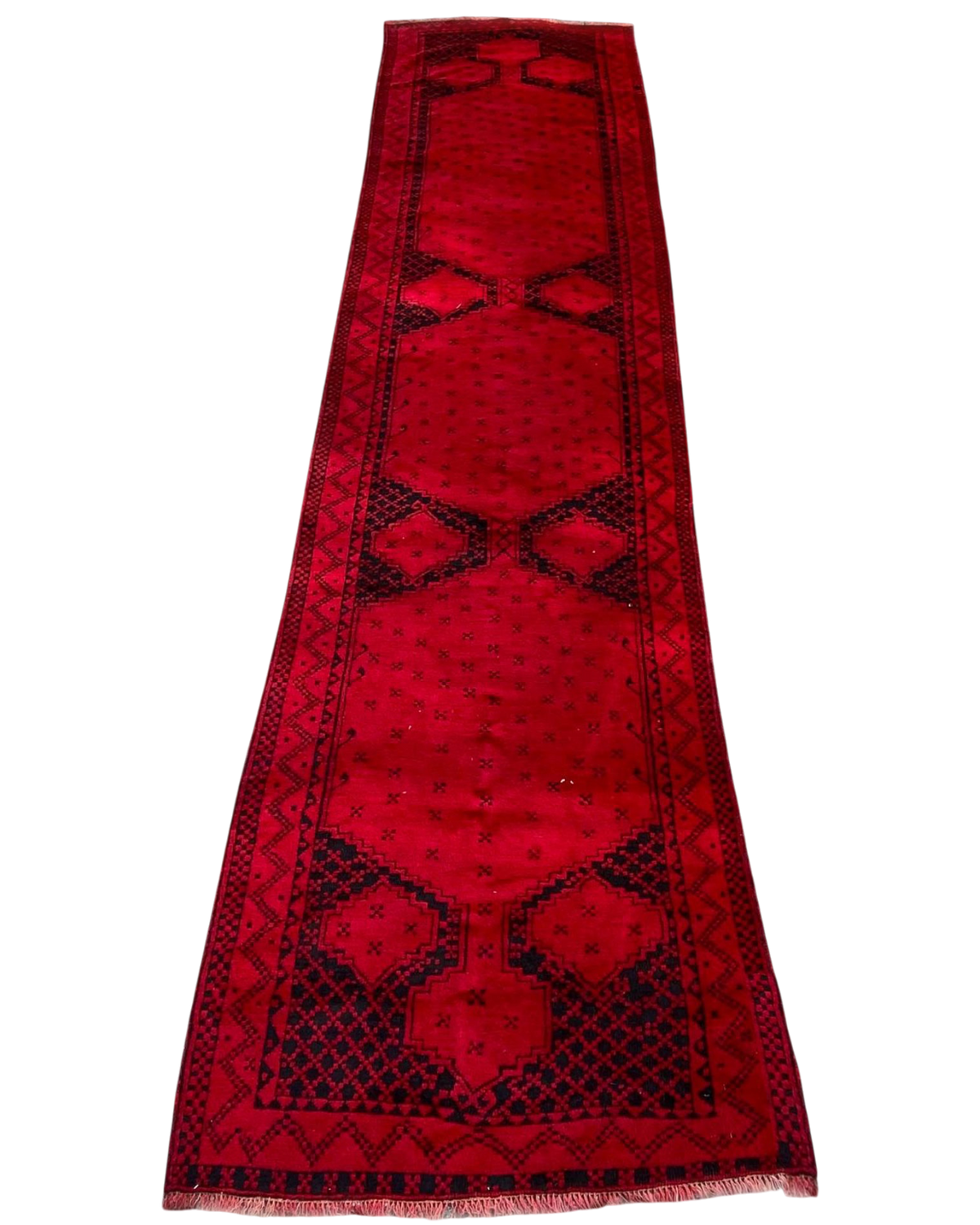 Passatoia orientale usata 420x103 cm con motivi geometrici su fondo rosso