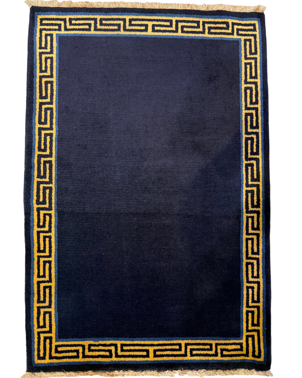 Pechino 92x62 cm - scendiletto annodato a mano blu scuro con bordura geometrica