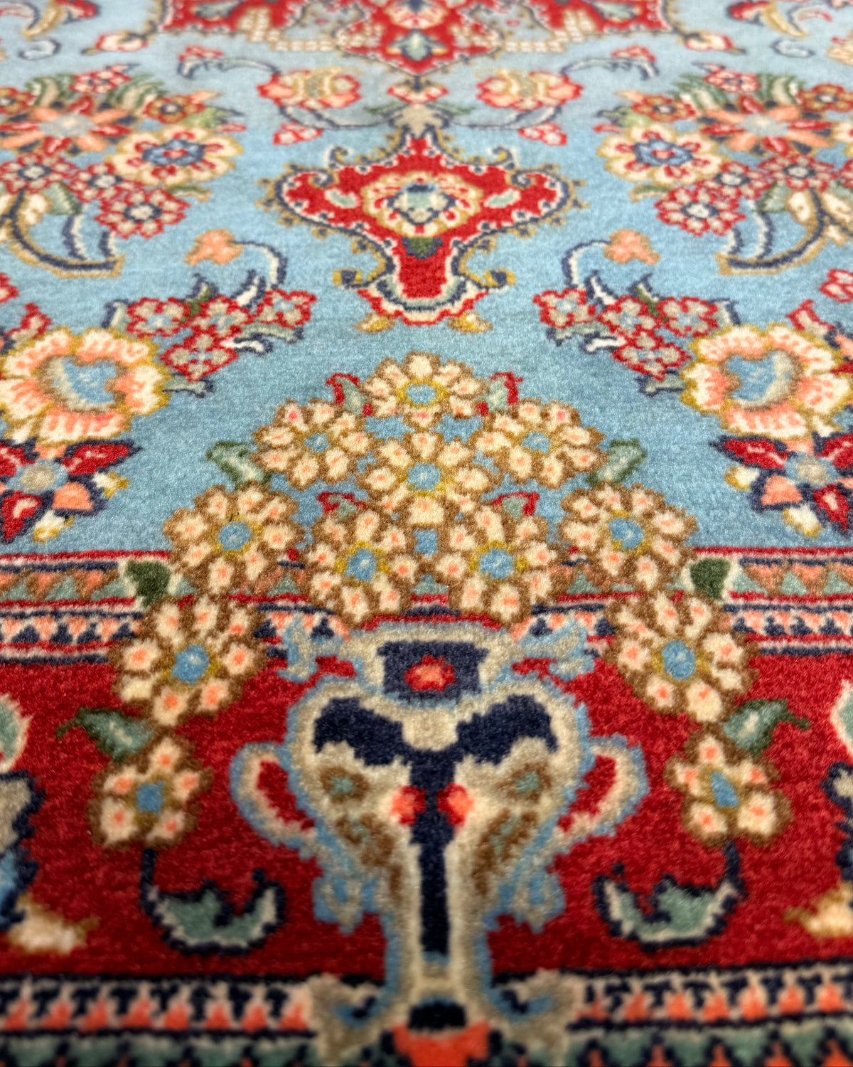 Tappeto persiano Qom azzurro 120x80 cm con medaglione floreale