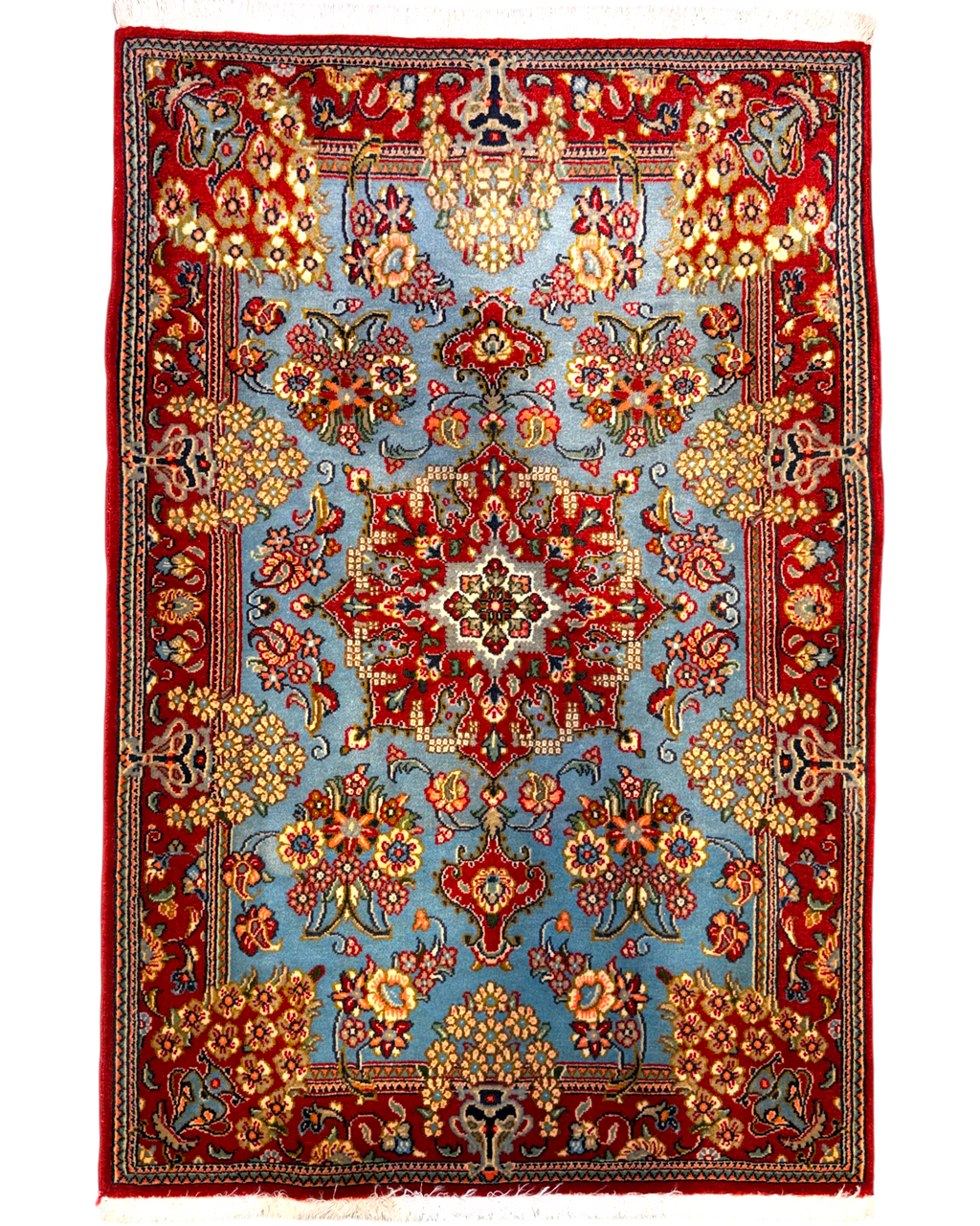 Tappeto persiano Qom azzurro 120x80 cm con medaglione floreale