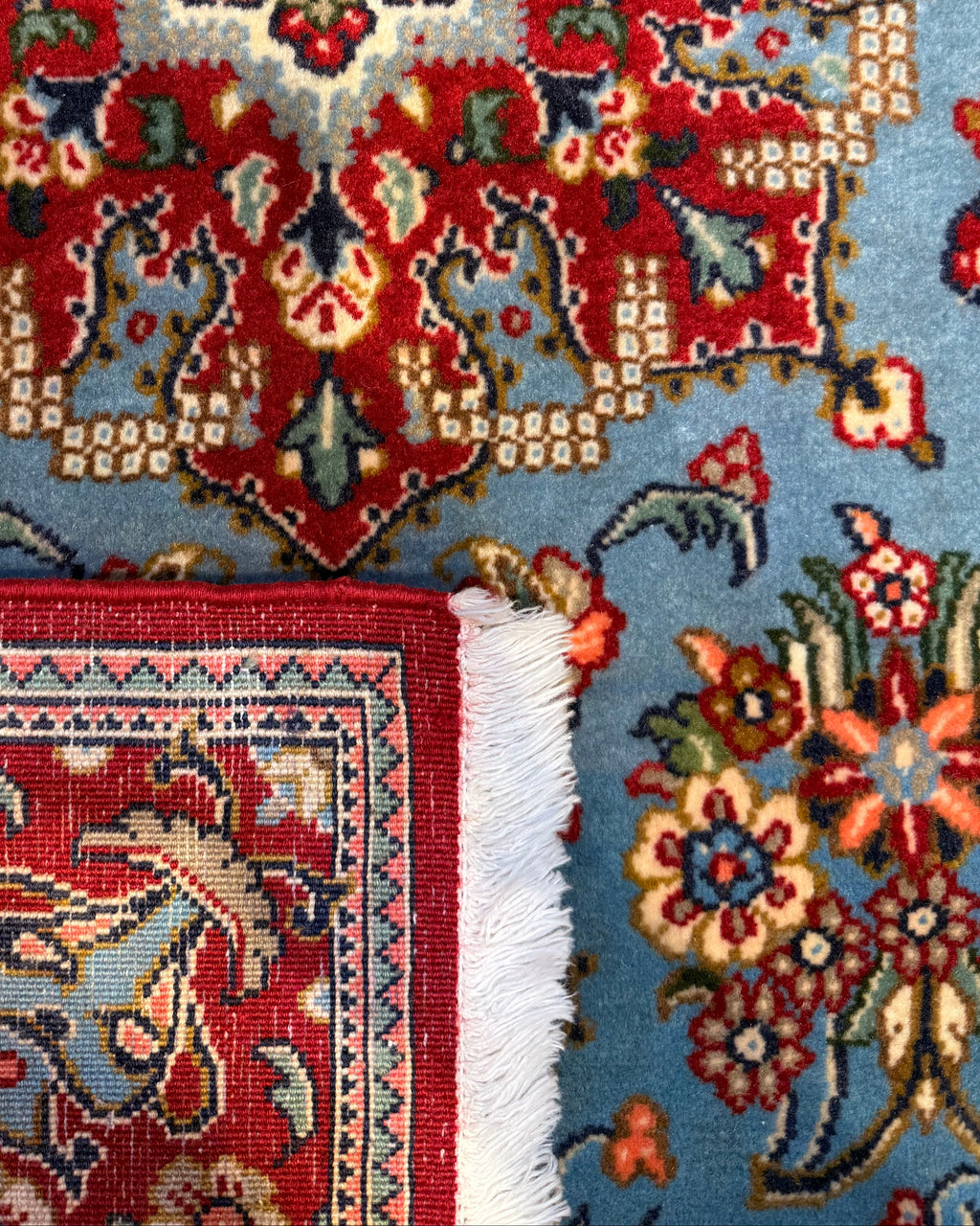 Tappeto persiano Qom azzurro 120x80 cm con medaglione floreale