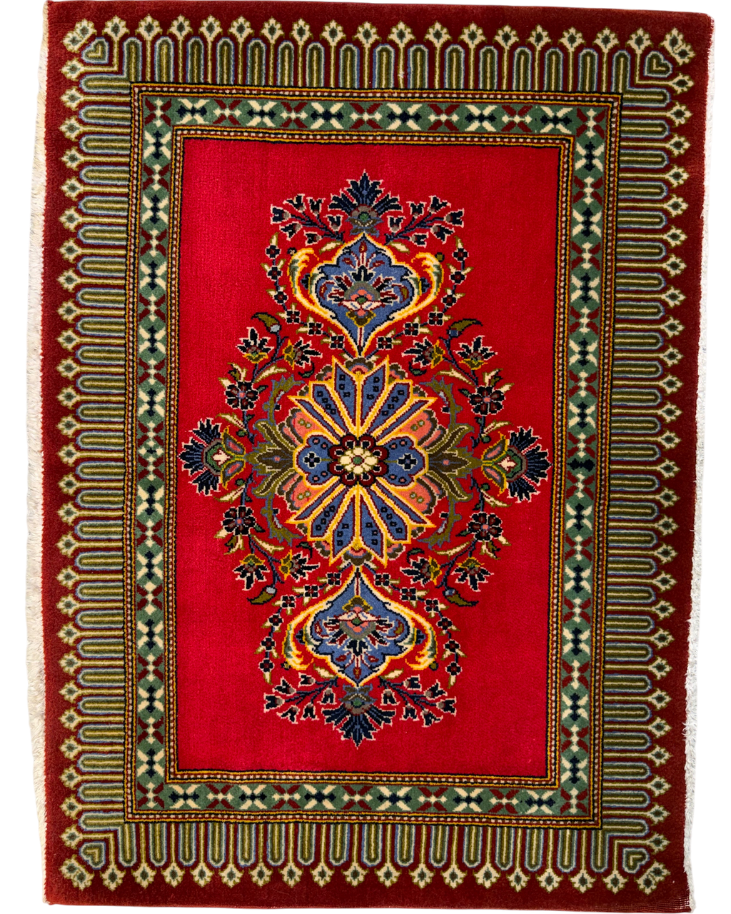 Qom Kork 70x100 cm - scendiletto persiano annodato a mano con fondo rosso e motivi floreali