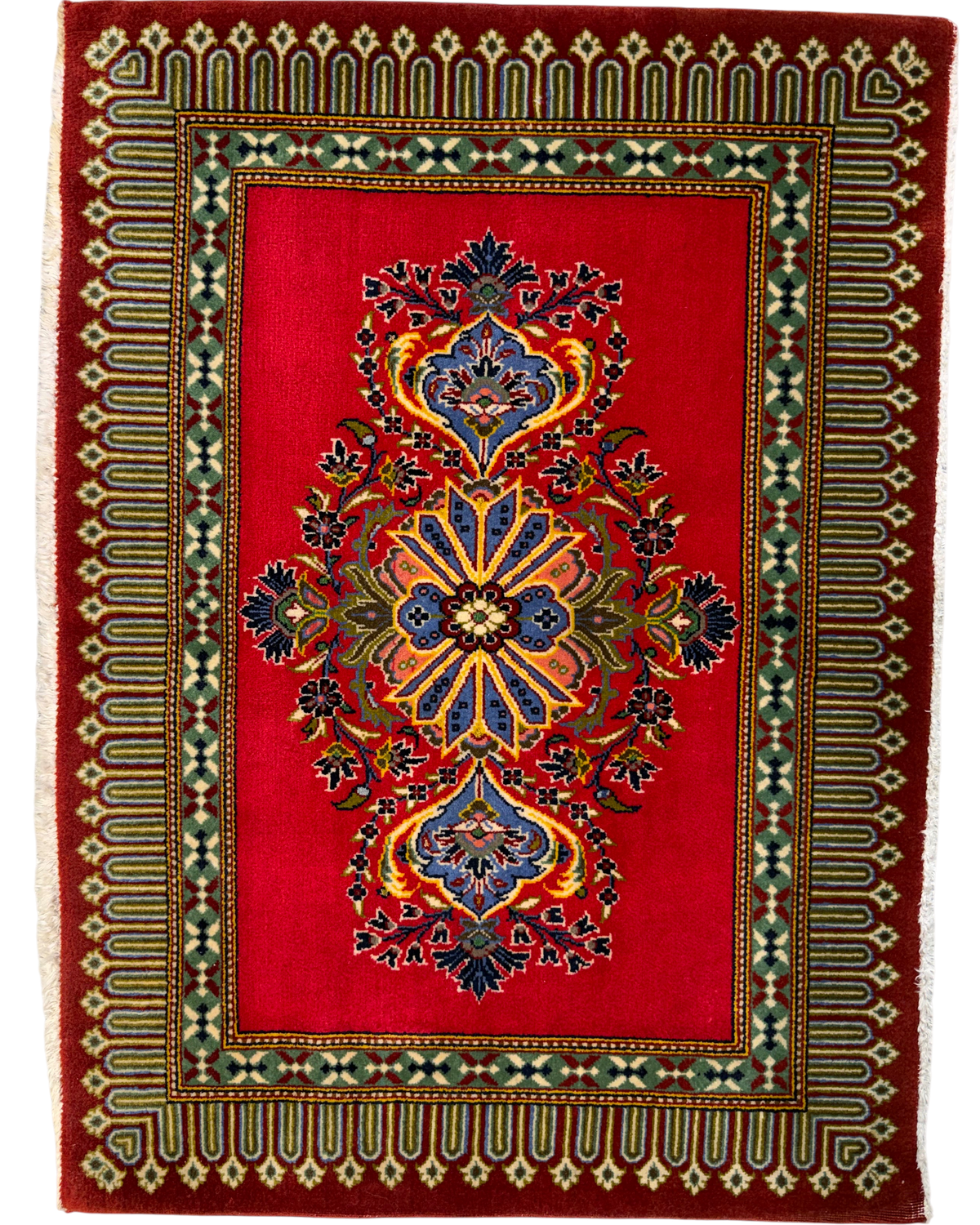 Qom Kork 70x100 cm - scendiletto persiano annodato a mano con fondo rosso e motivi floreali