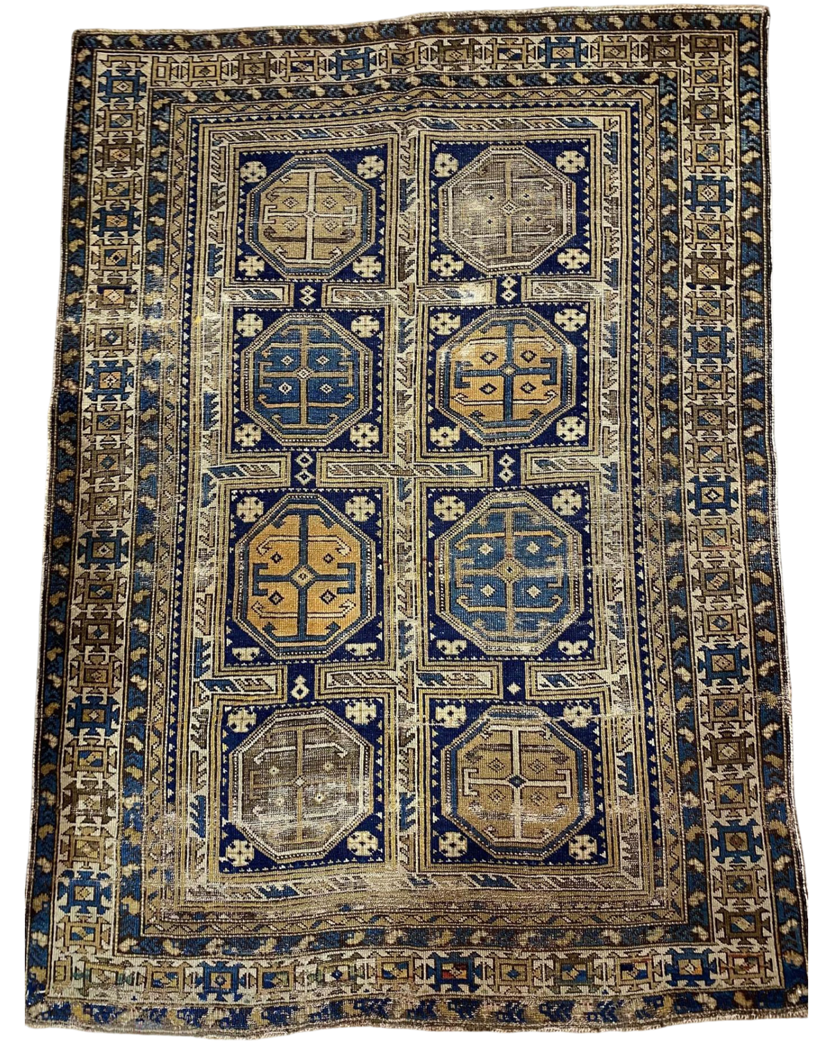 Tappeto Shirvan antico usato 145x122 cm con medaglioni geometrici blu e beige