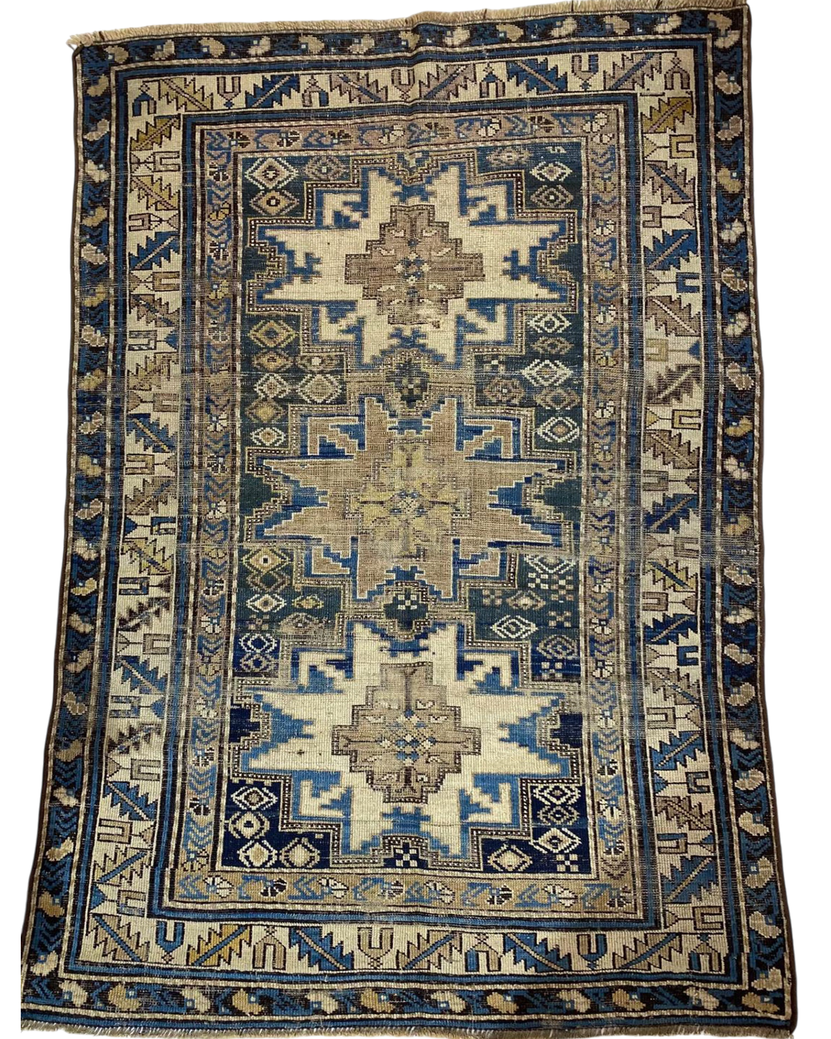 Tappeto Shirvan antico usato 160x100 cm caucasico con medaglioni geometrici blu e avorio