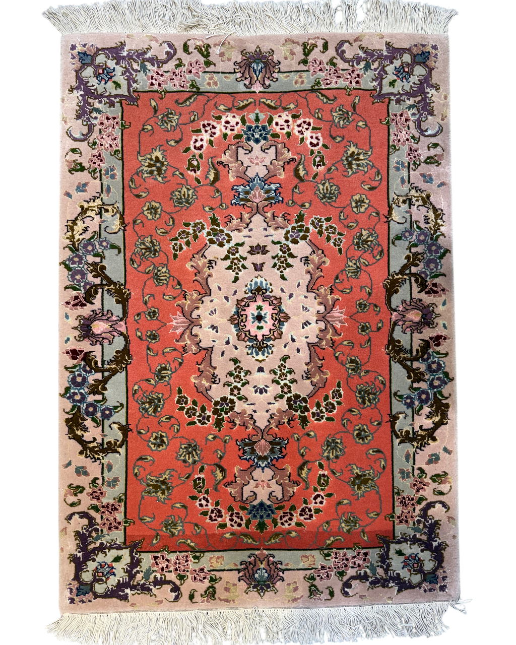 Tappeto persiano Tabriz 60 Raj misto seta 86x60 cm color salmone con medaglione floreale