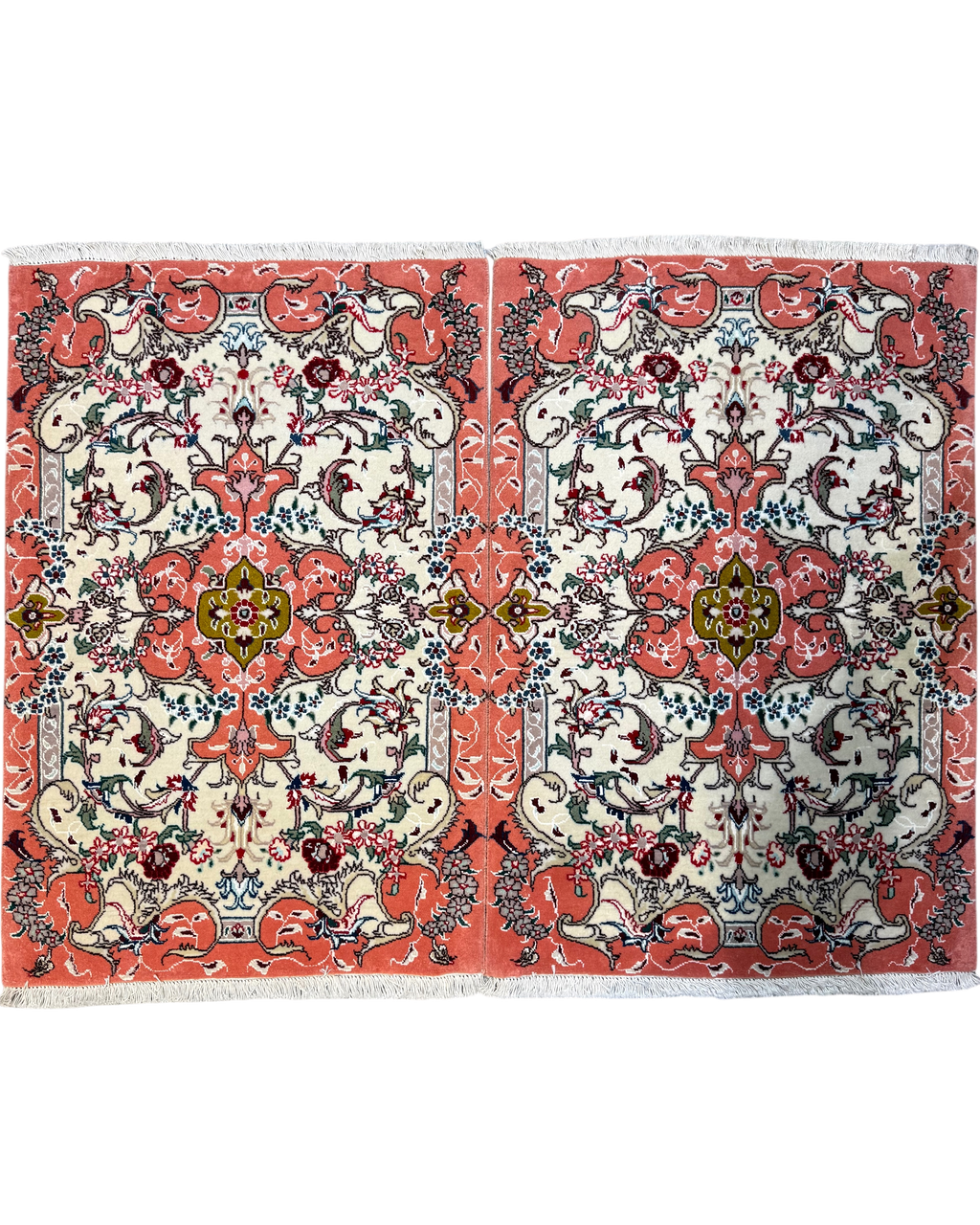 Tabriz 60 Raj misto seta 91x61 cm - coppia di scendiletto persiani corallo e avorio con motivo floreale