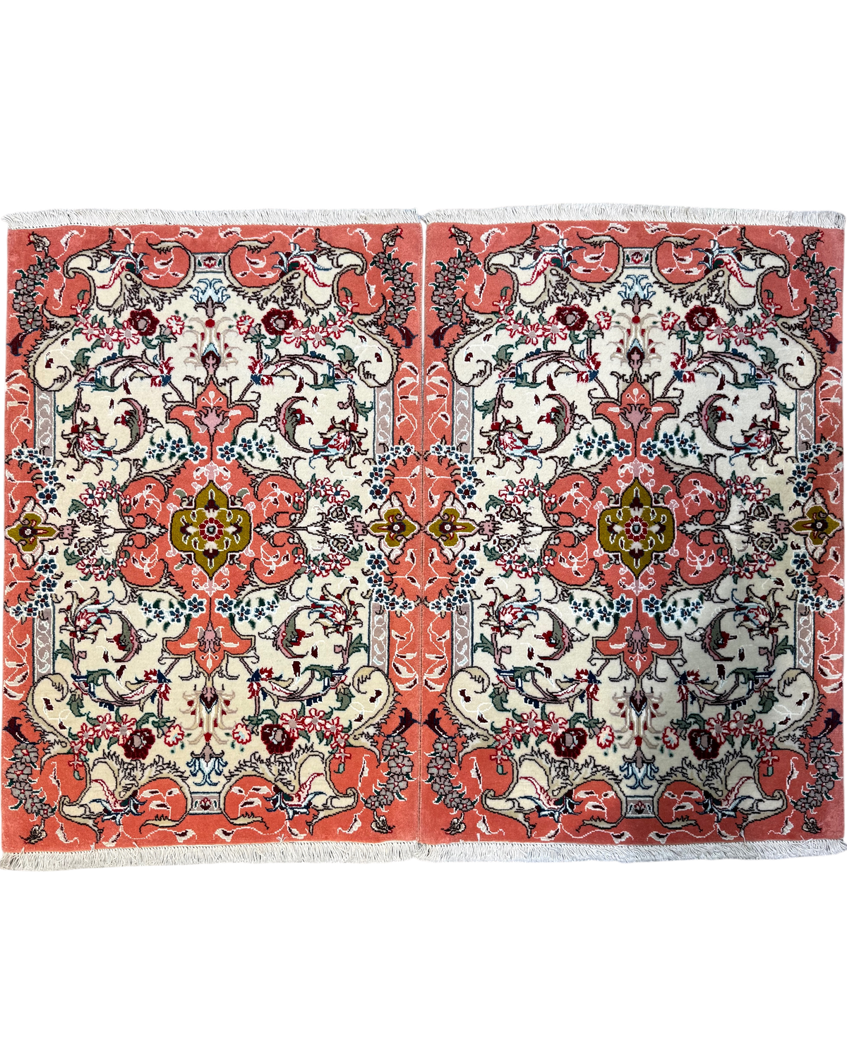 Tabriz 60 Raj misto seta 91x61 cm - coppia di scendiletto persiani corallo e avorio con motivo floreale