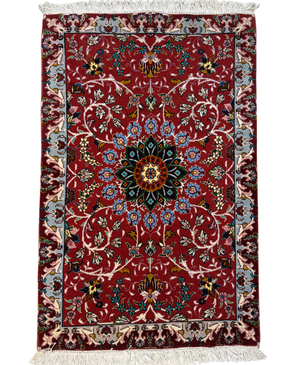 Tabriz 60 Raj misto seta 94x60 cm - scendiletto persiano annodato a mano con fondo rosso e medaglione floreale