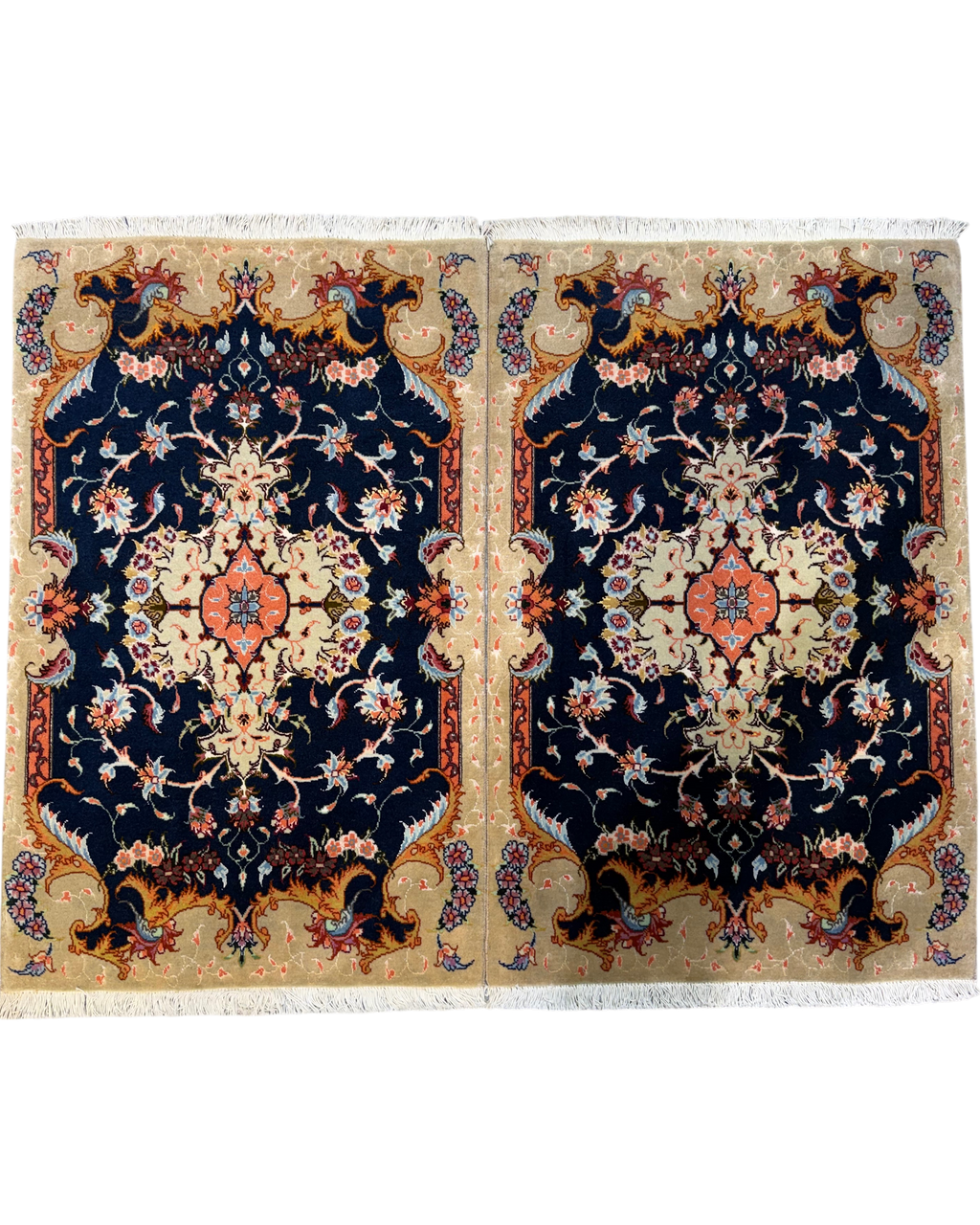 Tabriz 60 Raj misto seta 94x62 cm - coppia di scendiletto persiani blu scuro e beige con medaglione floreale