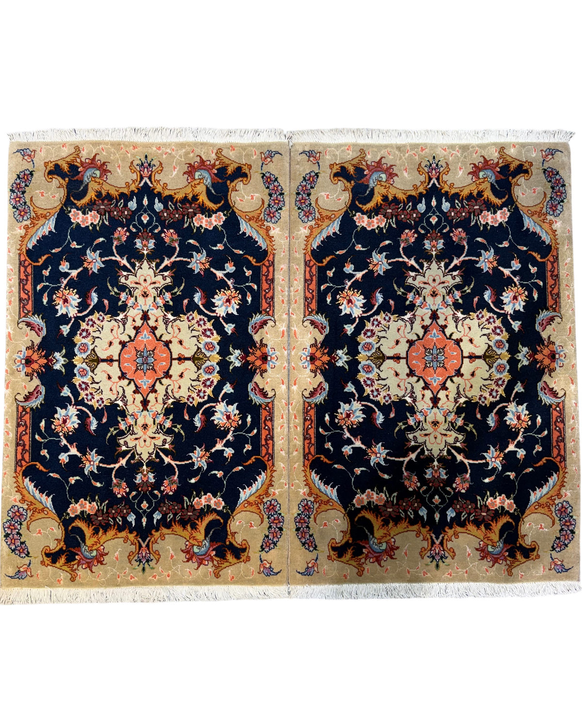 Tabriz 60 Raj misto seta 94x62 cm - coppia di scendiletto persiani blu scuro e beige con medaglione floreale