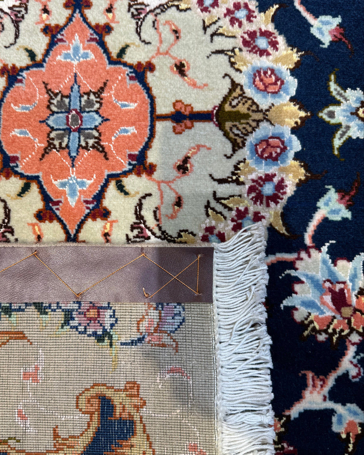 Tabriz 60 Raj misto seta 94x62 cm - coppia di scendiletto persiani blu scuro e beige con medaglione floreale