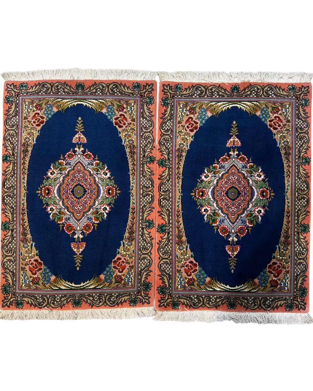 Tabriz 60 Raj misto seta 95x64 cm - coppia di scendiletto persiani blu e salmone con medaglione floreale
