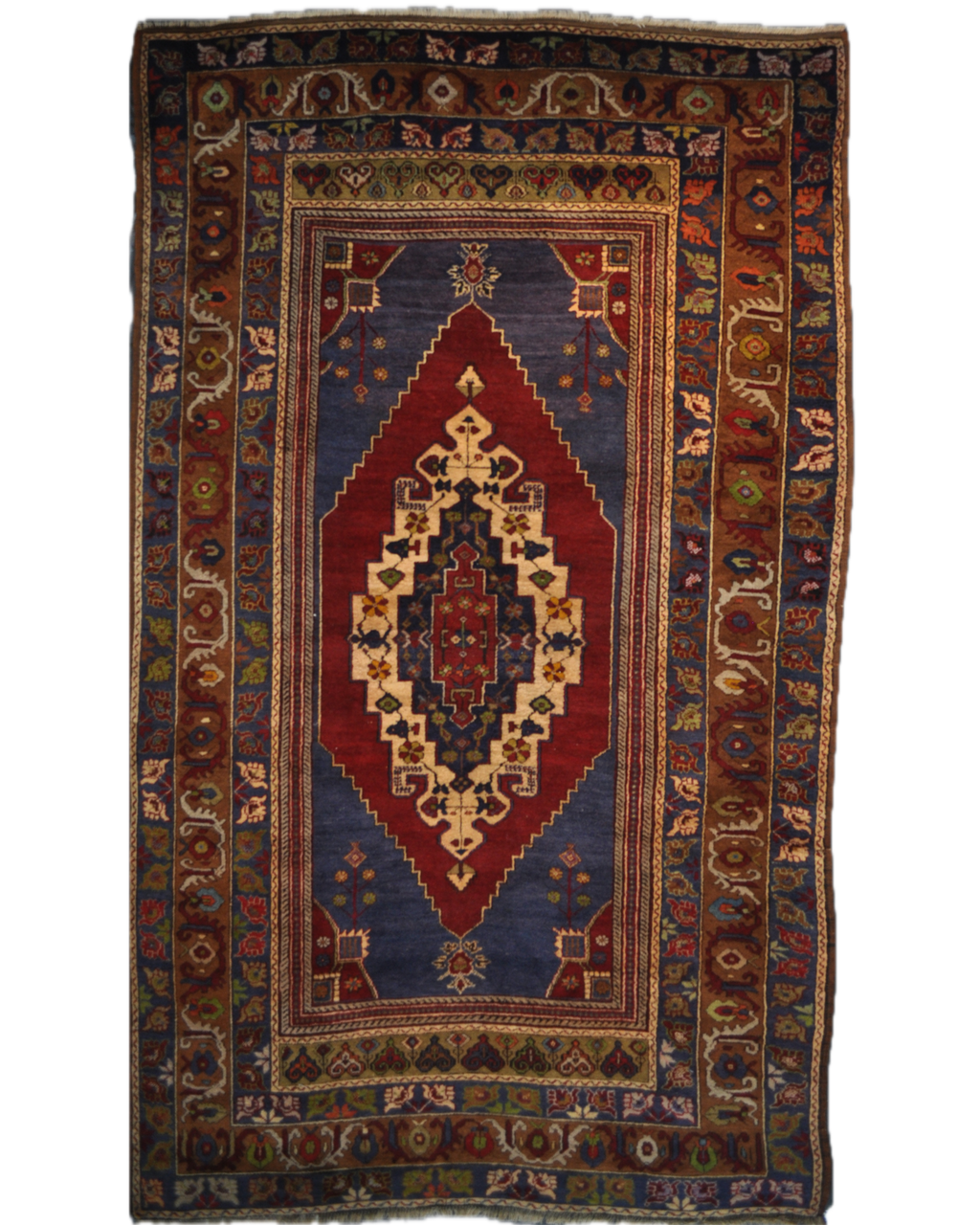 Tappeto Anatolia annodato a mano con grande medaglione geometrico nei toni del rosso e blu, misura 272x163 cm