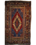 Tappeto Anatolia annodato a mano con grande medaglione geometrico nei toni del rosso e blu, misura 272x163 cm