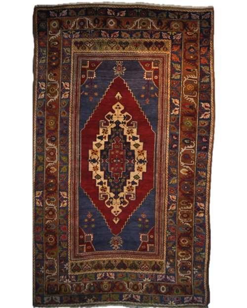 Tappeto Anatolia annodato a mano con grande medaglione geometrico nei toni del rosso e blu, misura 272x163 cm